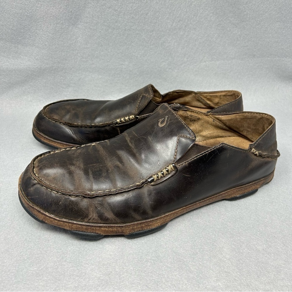 Olukai Moloa Shoes Mens 12 Brown Leather Loafer Slip On Fold Down Heel
